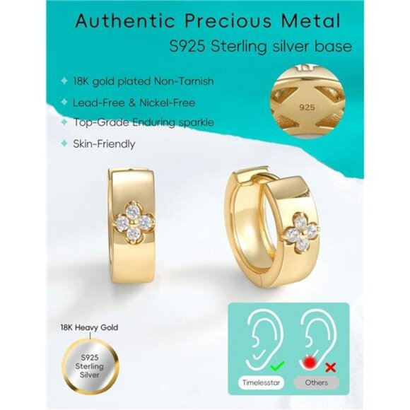 Moissanite clover hoop earrings sterling silver 18k gold plated emerald green - Picture 5 of 6